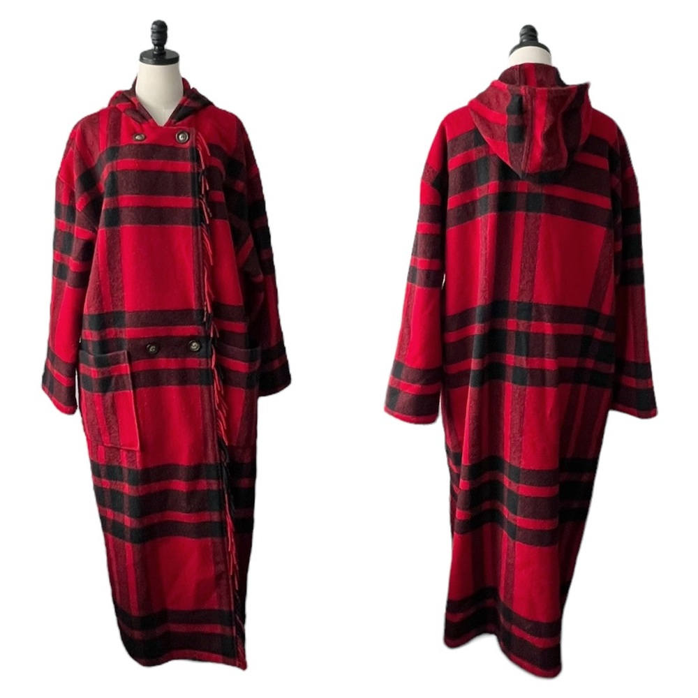 L.L. Bean Red and Black Plaid Hooded Wool Coat